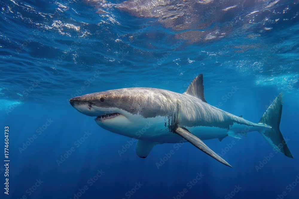 Naklejka premium Majestic great white shark gliding through crystal-clear ocean waves, showcasing striking contrast between light belly and dark dorsal side in vibrant marine landscape