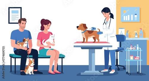 Caring veterinarian giving vaccine shot to dog with loving owners and pets at clinic, shows dedication and trust in modern veterinary care setting
