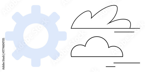Large gear next to two stylized clouds with motion lines suggesting movement and progress. Ideal for technology, innovation, efficiency, cloud computing, engineering, process, teamwork themes in