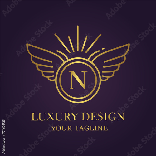 A refined golden winged insignia with the letter n enclosed in a circle, displayed on a rich purple canvas, signifying exclusivity and high quality