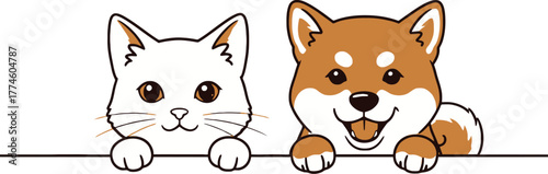 Adorable cartoon cat and Shiba Inu puppy peering over white ledge with playful charm, ideal for heartwarming kids designs or pet themed promotions