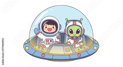 Cartoon illustration of a child and an alien in spacesuits sitting inside a spaceship with a transparent dome against a plain background.