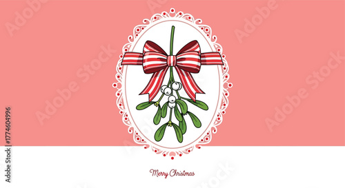 Mistletoe and Bow Ornament Illustration on Coral Background