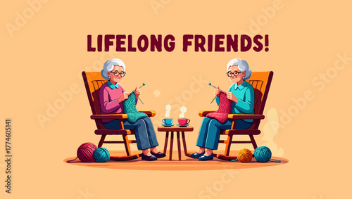 Two elderly women knitting together, lifelong friends enjoying a cozy time