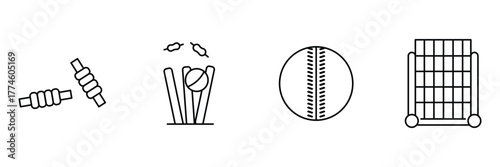 Cricket batsman, broken stumps, umpire hat, laurel wreath cricket icon set, sports championship vector illustration, minimal outline winning.