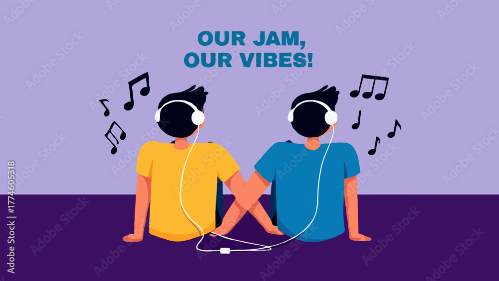 Fototapeta premium Two friends listening to music together with headphones and enjoying vibes