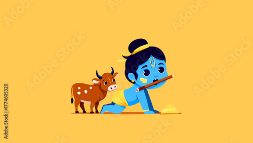 Cute cartoon illustration lord krishna with cow, krishna janmashtami festival