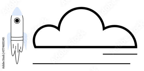 Rocket taking off beside a simple cloud and lines, symbolizing progress, innovation, startup, exploration, growth, creativity, and futuristic goals. Ideal for simple flat metaphor