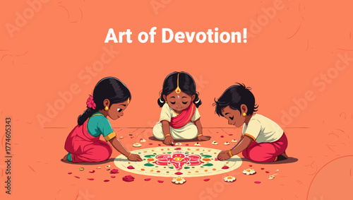 Children creating rangoli for a traditional indian festival celebration