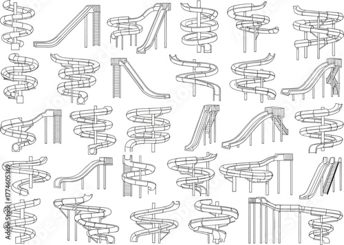 Water slide blueprint collection, amusement park structures, spiral and tube slides, detailed line drawings, playground design, summer attraction, architecture concept, outdoor recreation illustration