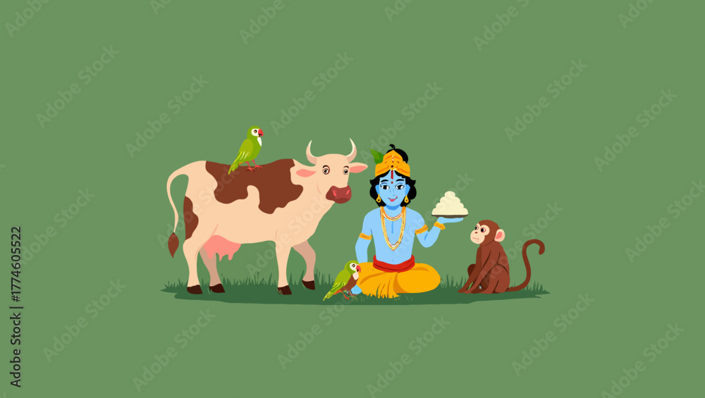 Fototapeta premium Illustration lord krishna with cow, monkey and parrot, a hindu deity