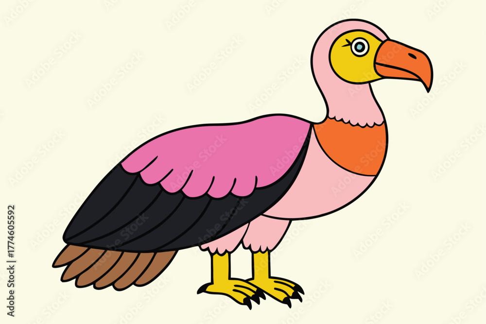 Fototapeta premium Illustration of a colorful lappet faced vulture with pink feathers and orange neck patch