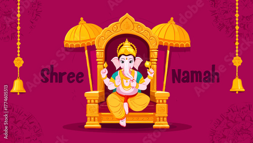 Illustration lord ganesha sitting on a throne, a hindu god wisdom