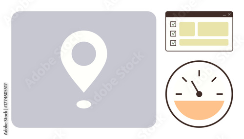 White location pin, checklist interface, and speedometer gauge emphasizing progress, goals, and time management. Ideal for productivity, planning, analytics, workflow efficiency tracking