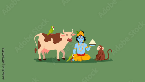 Illustration lord krishna with cow, monkey and parrot, a hindu deity