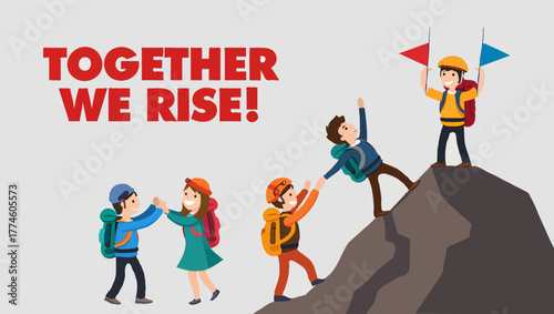 Team climbing mountain together to rise and achieve success on peak