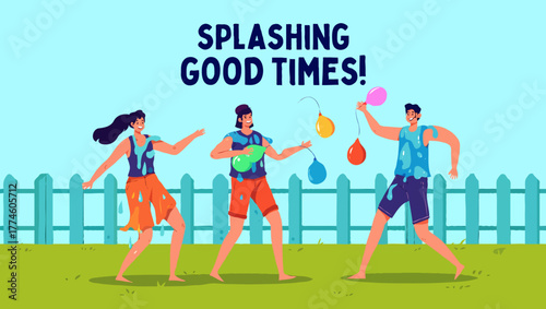 People celebrating holi festival with water balloons and splashing colors