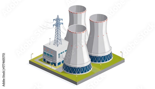Isometric illustration of a power plant with three cooling towers, a building, and power lines on a green platform