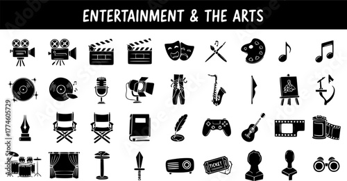 Entertainment and the Arts Icon Set - Music, Film, Theatre, Dance, Art, Literature and Gaming