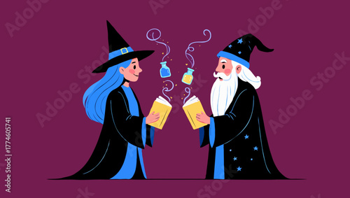 Cartoon witch and wizard casting spells from books and potions