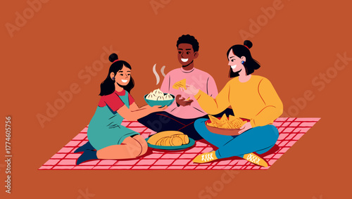 A family enjoys a picnic together, sharing food and celebrating togetherness