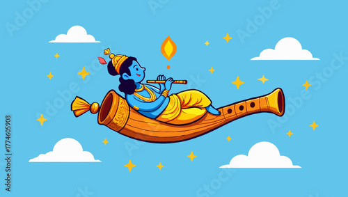 Lord krishna playing flute on a magic carpet in the sky with clouds