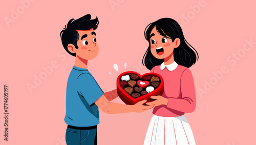 A loving couple celebrating valentines day with a heart shaped chocolate box