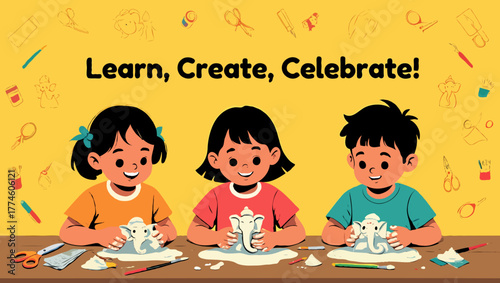 Children learning to create clay ganesha sculptures to celebrate the festival