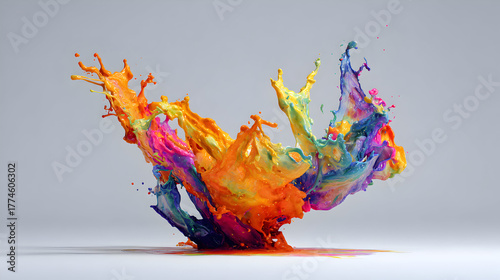 Colorful paint splash with a glossy texture stands out on bright gray background. Great for abstract posters, branding, and creative projects.