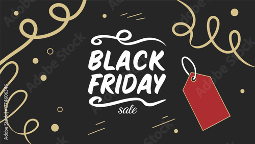 Black Friday Sale Typography with Red Price Tag and Confetti.