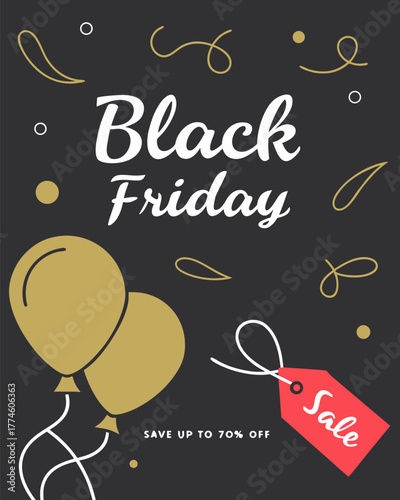 Black Friday Sale with Balloons and Discount Tag.
