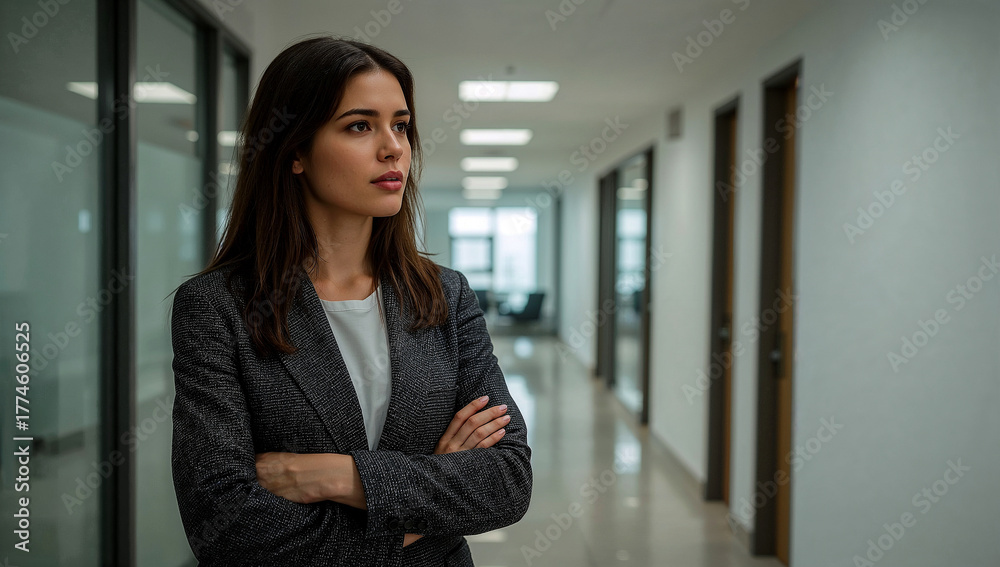 Obraz premium Confident businesswoman leader looking away in office hallway