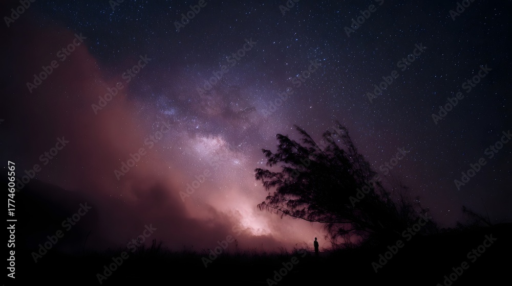 Fototapeta premium A lone silhouette stands beneath the vibrant Milky Way galaxy and a starry night sky