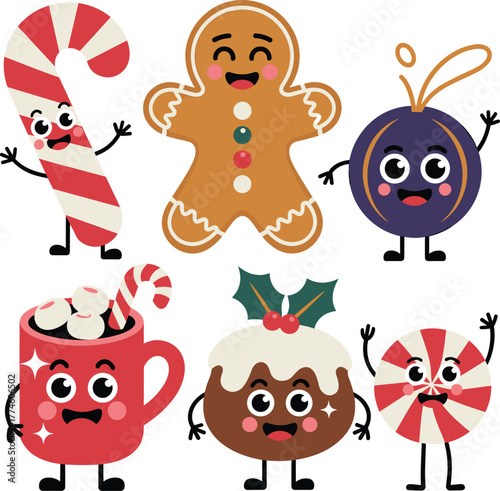 Cute Cartoon Christmas Food and Icons Set: Candy Cane, Gingerbread Man, Pudding, Hot Cocoa, and Ornament