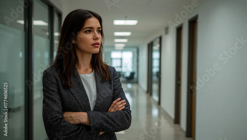 Confident businesswoman leader looking away in office hallway Free Download Confident businesswoman leader looking away in office hallway - GFXLoad