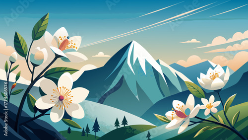 Very beautiful minimalist composition showcasing delicate alpine white blossoms on a pure, soft background, highlighting natural elegance, purity, and serene mountain-inspired simplicity in modern