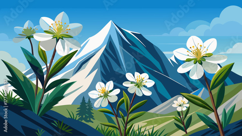 Very beautiful minimalist composition showcasing delicate alpine white blossoms on a pure, soft background, highlighting natural elegance, purity, and serene mountain-inspired simplicity in modern 