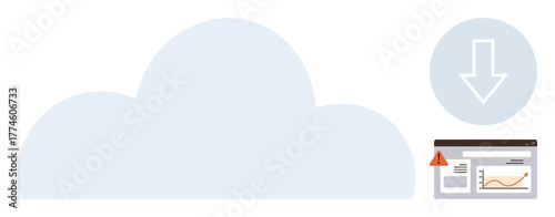 Large cloud design with a download icon, dashboard analytics interface, and a red warning triangle. Ideal for technology, data storage, cloud computing, risk management, system errors, business