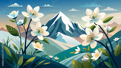 Very beautiful minimalist composition showcasing delicate alpine white blossoms on a pure, soft background, highlighting natural elegance, purity, and serene mountain-inspired simplicity in modern 