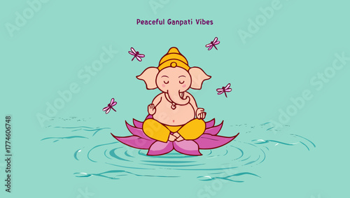 Peaceful ganesha meditating on a lotus flower in a serene water setting