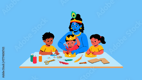 Krishna teaching children to make crowns in a fun and creative activity
