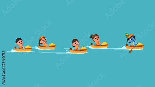 Lord krishna sailing on boat with friends, a hindu god cartoon illustration
