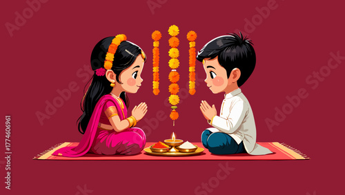Little brother and sister celebrating raksha bandhan festival in india