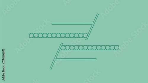 Two horizontal lines filled with circles with t shaped supports on a green background design art