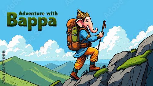 Lord ganesha with backpack hiking on mountain for adventure travel