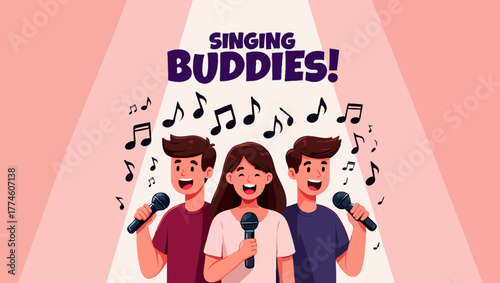 Singing buddies performing on stage with microphones and musical notes