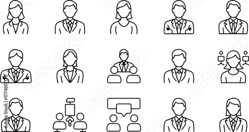 Collection of simple line art icons representing people in business attire, teamwork, and communication, isolated on white background