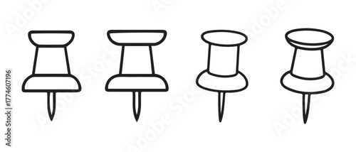 Push Pin Icons. Minimalist Office Supply Vectors for Notes, Boards & UI Design.