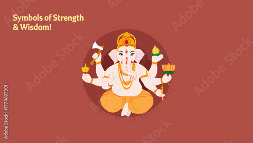 Ganesha with multiple arms holding weapons, symbols strength and wisdom