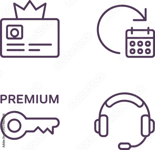 Premium Subscription and Service Outline Icons Set: Membership Card, Renewal, Key, and Support